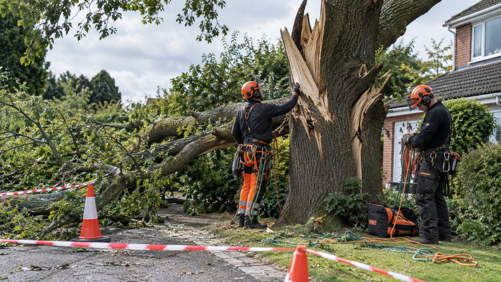 Two arborists assessing a storm-split tree and fallen limb beside a house within a cordoned area, with rigging ropes.