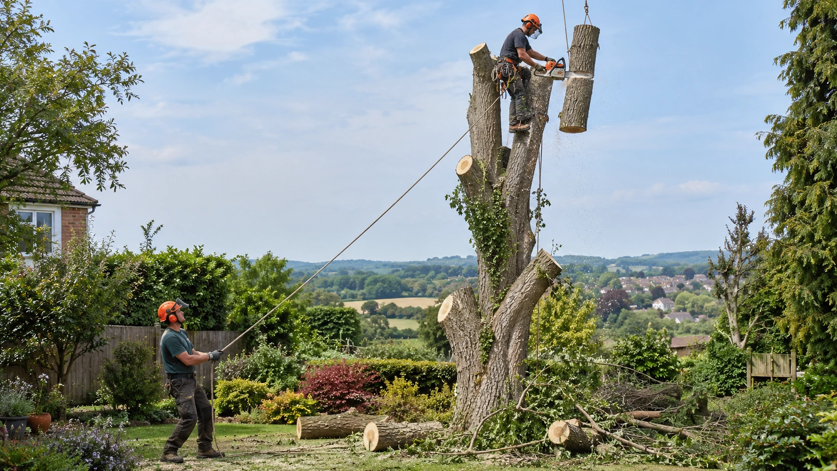 Harnessed arborist removing upper trunk sections from a garden tree with a ground worker controlling a rigging rope.