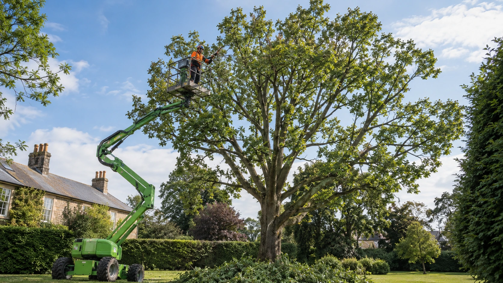 Arborist in an elevated work platform pruning outer branches of a mature tree with the crown and cut branches visible.