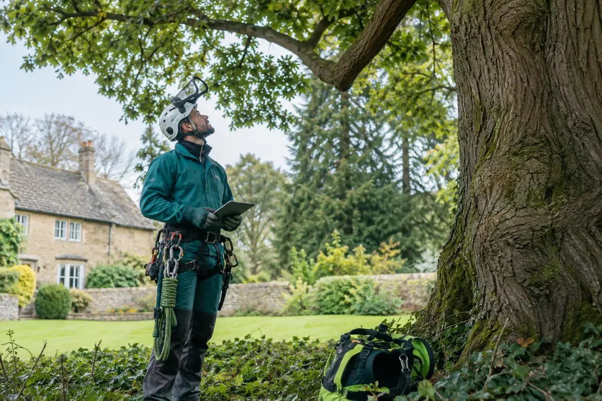 Arborist in climbing harness inspecting a large garden tree