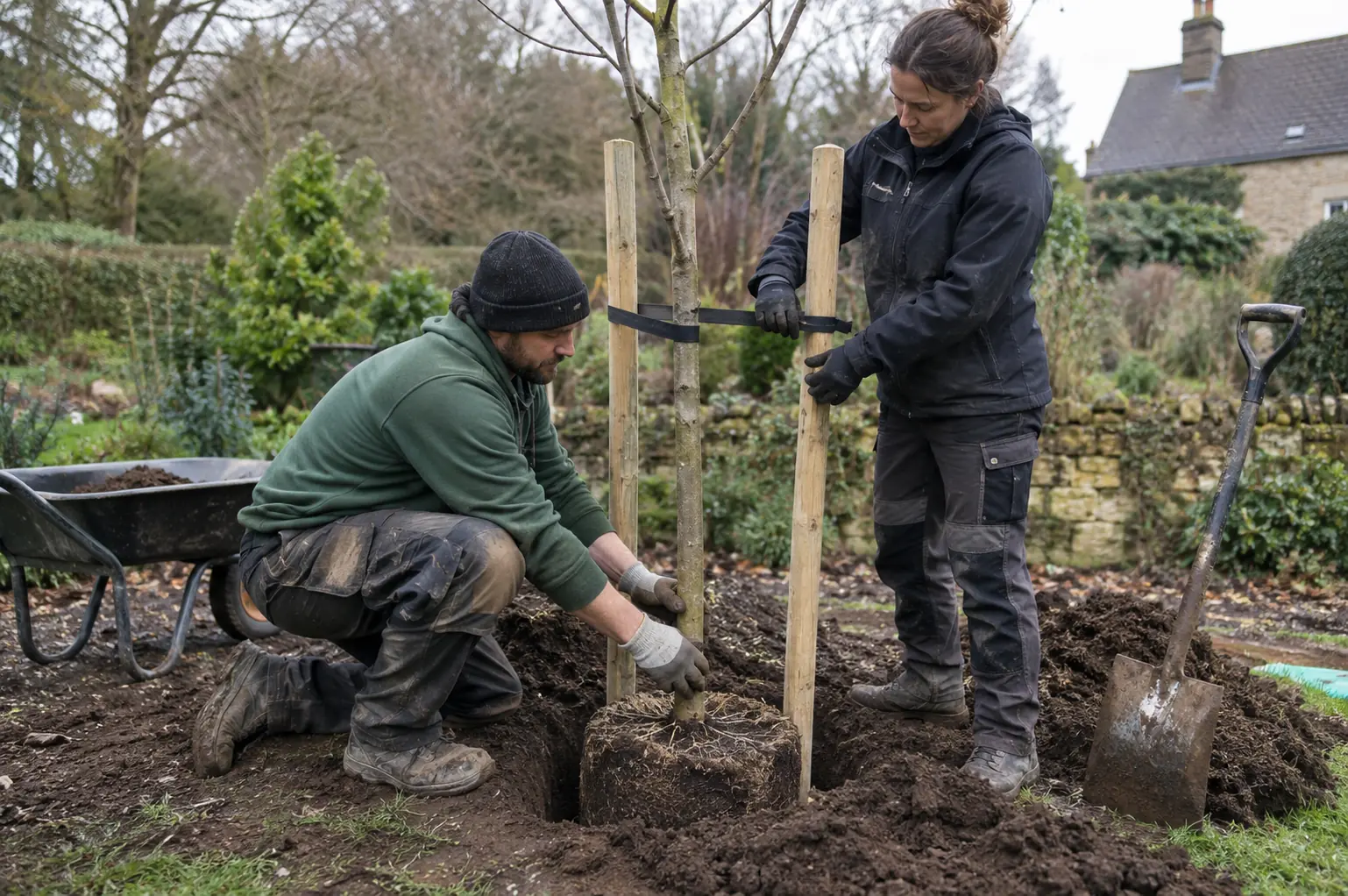 Tree planting services — Two gardeners aligning a young tree rootball in a prepared hole with support stakes, tie, soil and spade visible.