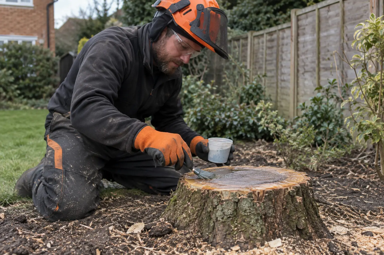 Tree stump treatment — Protected tree worker brushing controlled treatment onto a freshly cut stump surface from a small plain pot.
