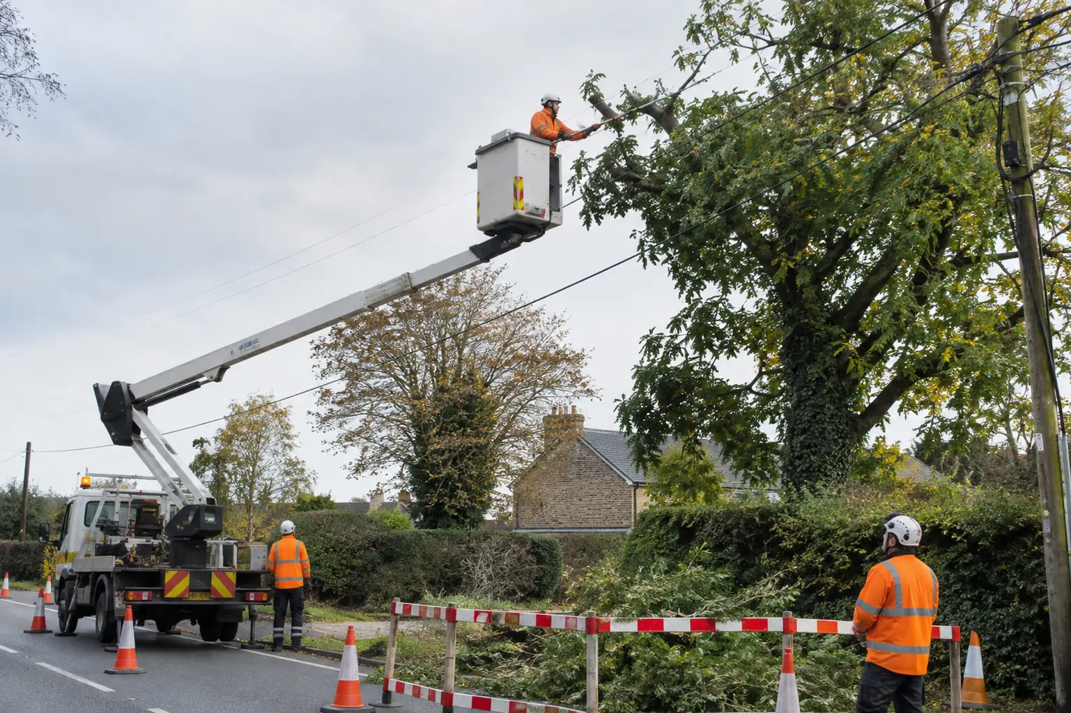 Utility line tree clearance — Utility arborist in an elevated insulated bucket trimming branches near overhead lines with a cordoned roadside work area and ground crew.